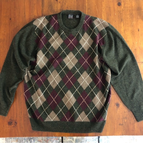 JOS A BANK Lambs Wool Mens Argyle SWEATER XL Forest Green Maroon Red Crew Neck - Picture 4 of 10